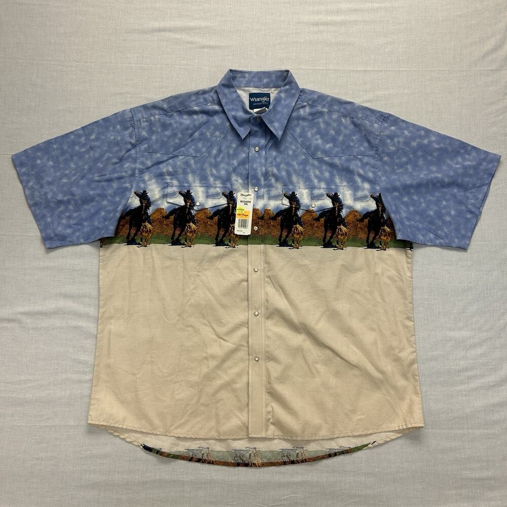 Vintage Wrangler NEW Western Cowboy Graphic Shirt Men's XXL Short Sleeve Button